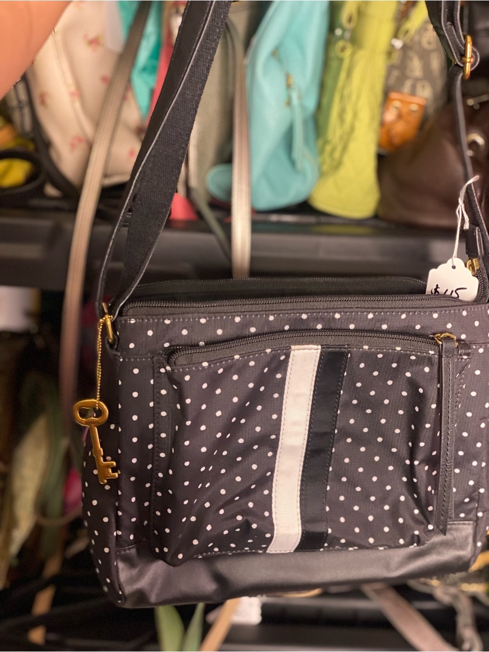 Fossil Polka Dot Crossbody Bag with Key Charm - Black and White